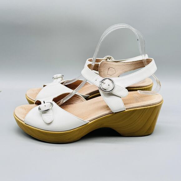Dansko Sandals Womens 9.5 White Leather Wedge Platform Slingback Buckle Strap - Picture 5 of 11